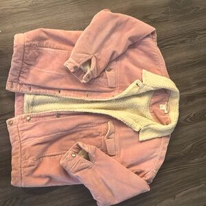 Monki pink corduroy jacket with faux shearling lining, snap buttons, and pockets
